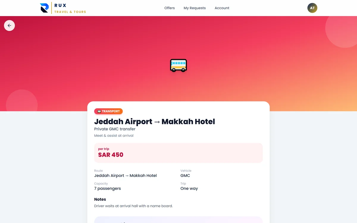 Rux Travel portal offer detail page for an airport transfer